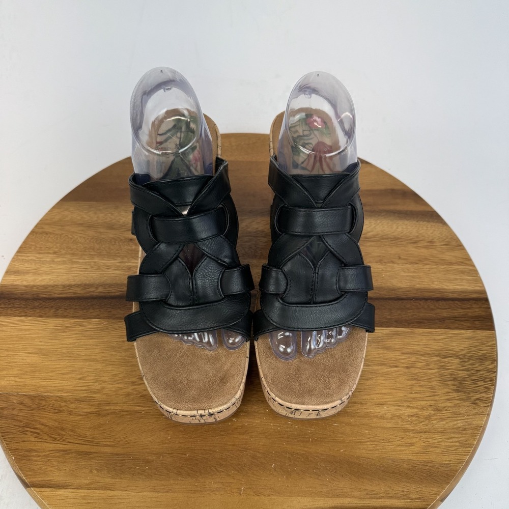 Womens BOC Born Cora Black Faux Leather Cork Slip On Wedge Sandals Size 10 M GUC
